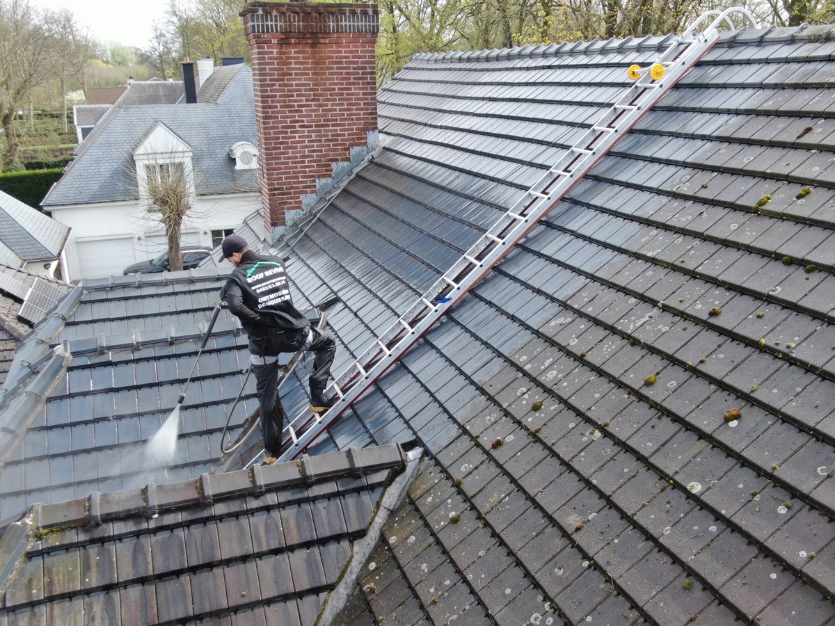 Luchtfoto van een dak na professionele ontmossing door Roof Revive — dronebeeld toont schoon resultaat