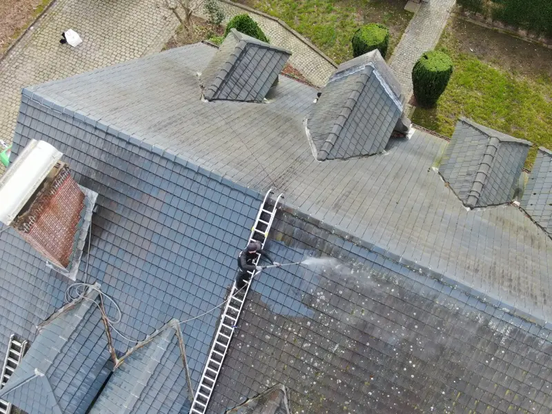 Professionele dakontmossing door Roof Revive specialist op leien dak