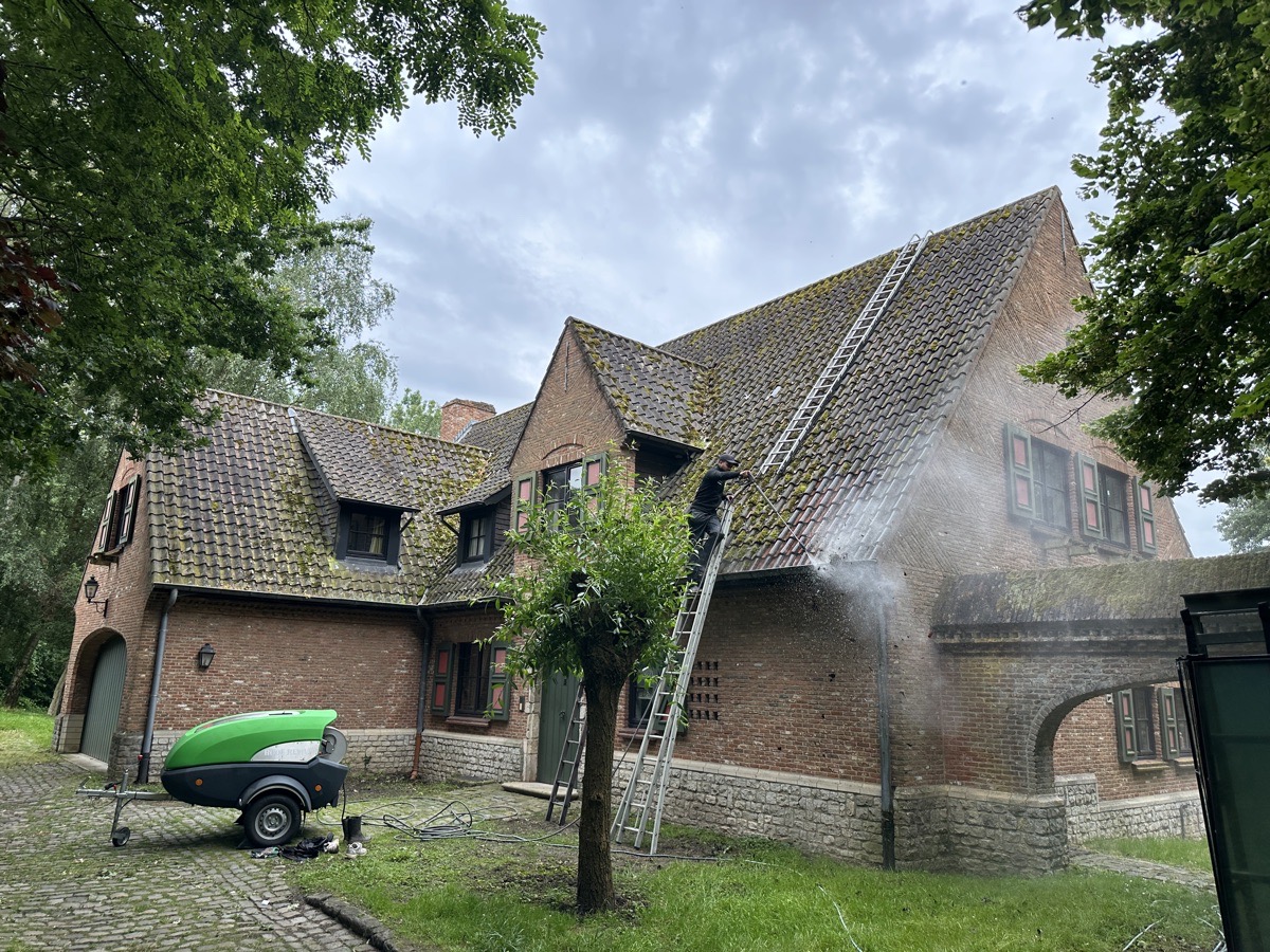 Dak voor professionele reiniging door Roof Revive — vuil en donkere aanslag op dakpannen
