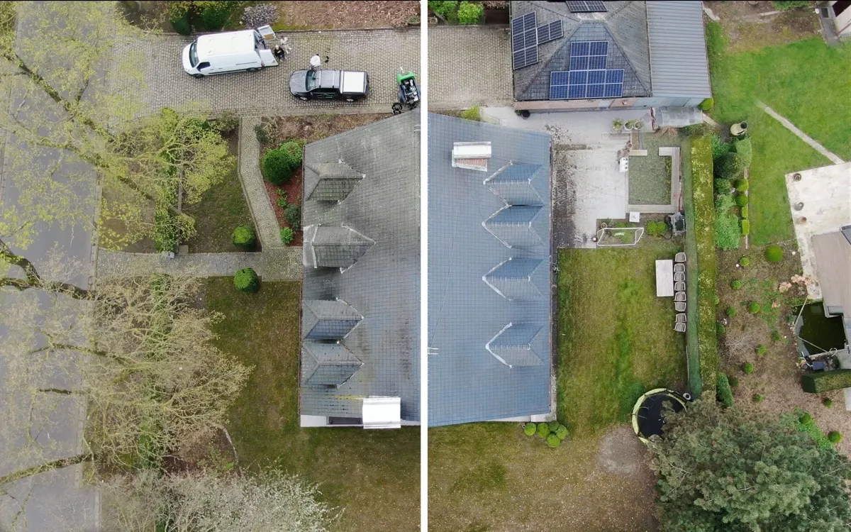 Plat dak voor en na reiniging — dakontmossing resultaat