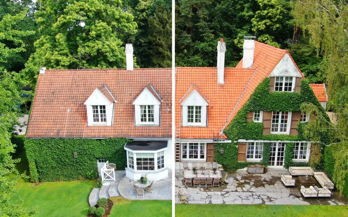 Voor en na dakontmossing in Schaarbeek — resultaat van professionele behandeling