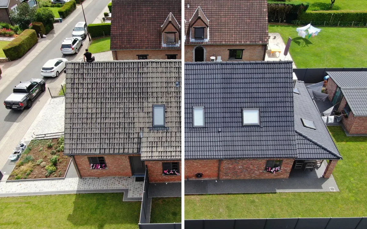 Woning dakontmossing met coating voor en na